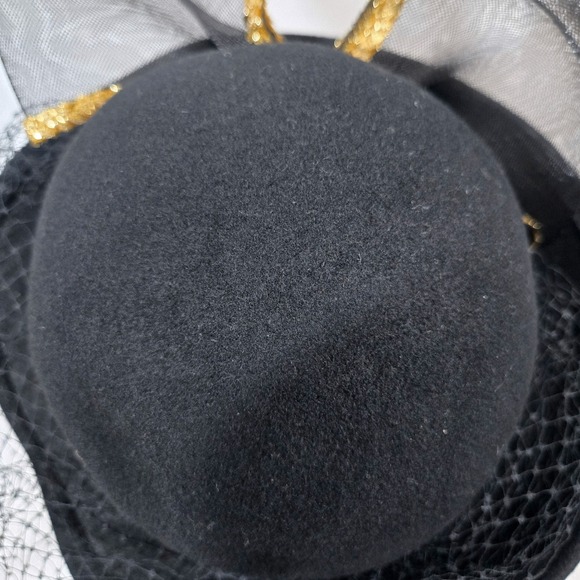 Vintage Mr Charles Black Wool Hat Gold‎ Bow Birdcage Veil Church Derby USA Made main image 7